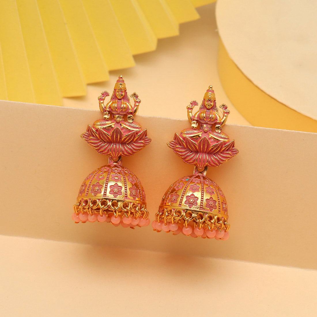 Peach Color Goddess Lakshmi Oxidised Mint Meena Earrings (MNTE478PCH)