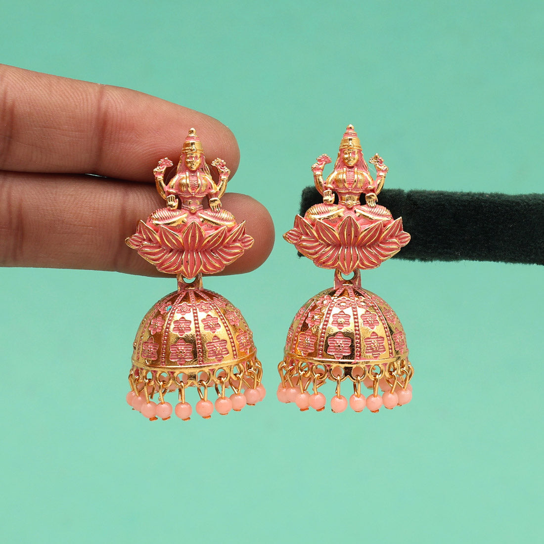 Peach Color Goddess Lakshmi Oxidised Mint Meena Earrings (MNTE478PCH)