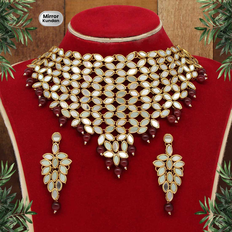 Maroon Color Kundan Mirror Necklaces Set (MRN101MRN)