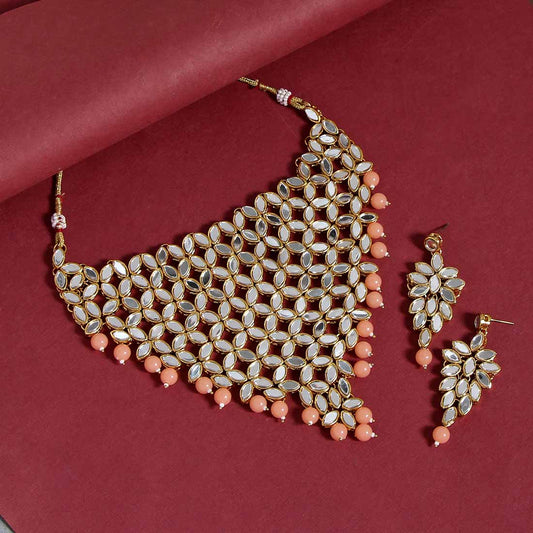 Peach Color Kundan Mirror Necklaces Set (MRN101PCH)