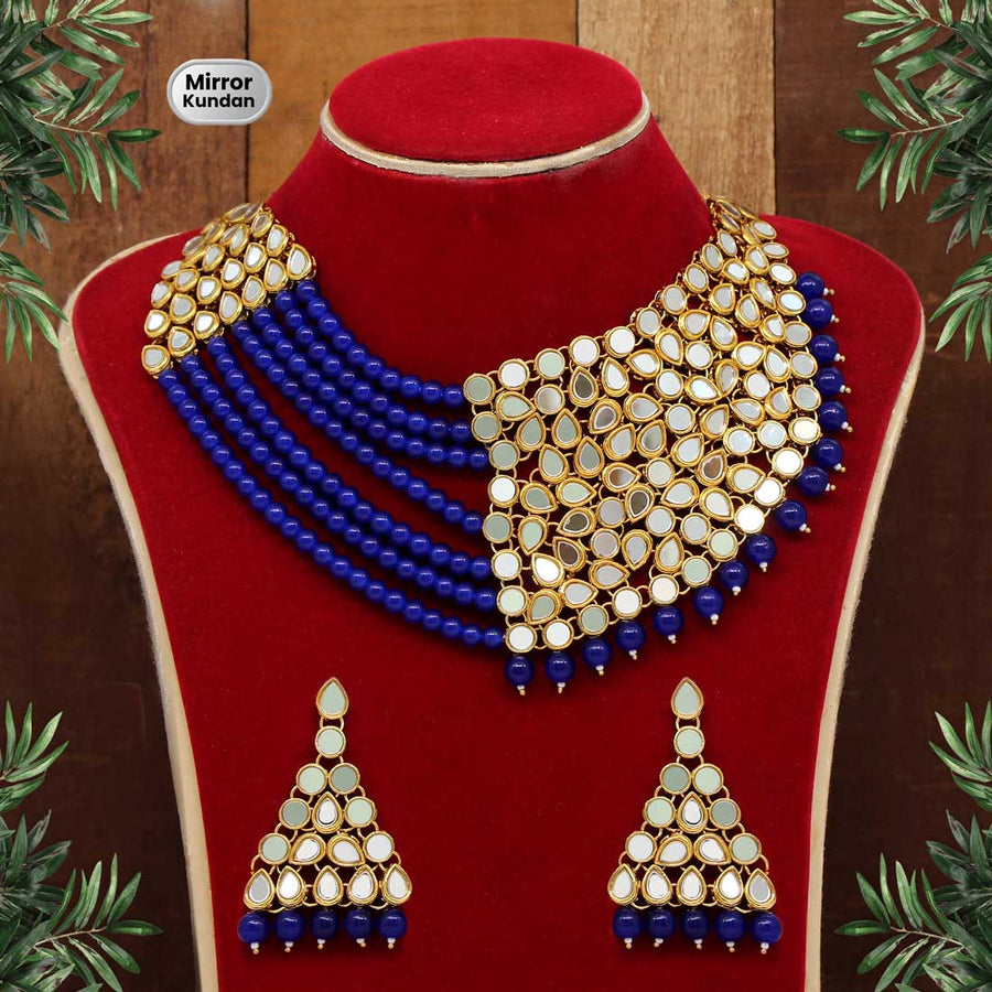 Blue Color Mirror Kundan Necklace Set (MRN104BLU)