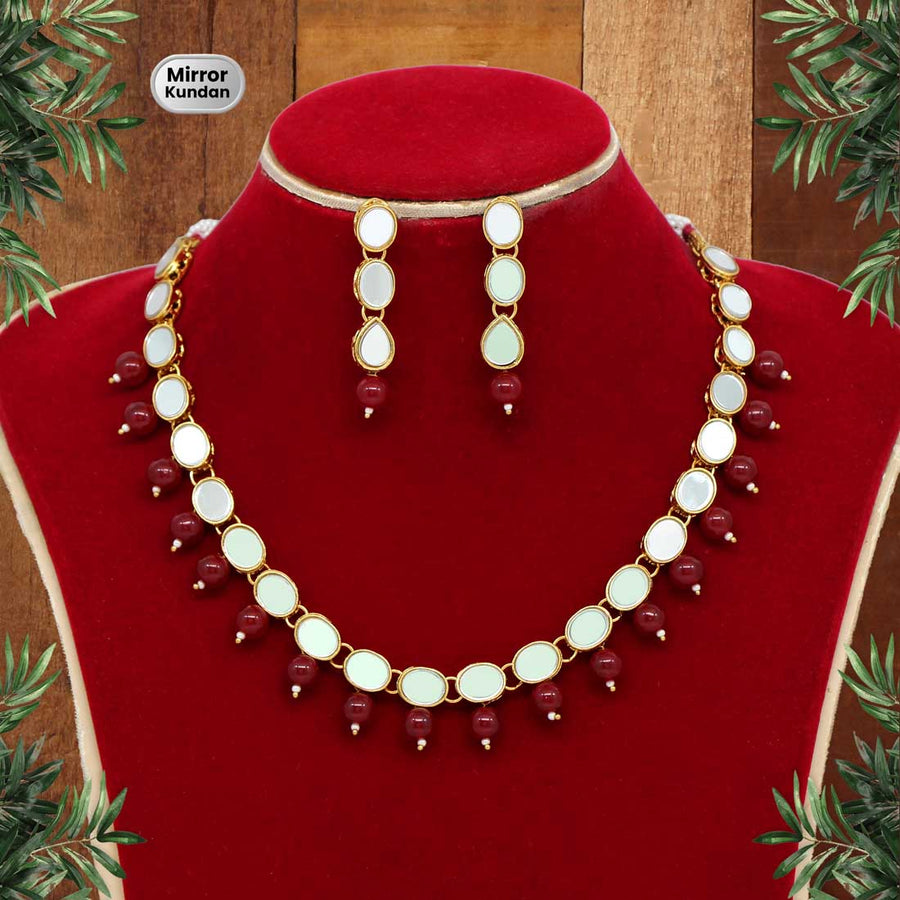 Maroon Color Mirror Kundan Necklace Set (MRN105MRN)