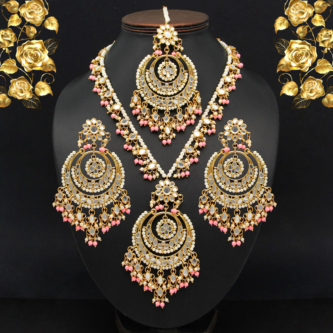 Pink Color Kundan Mirror Necklaces Set (MRN107PNK)