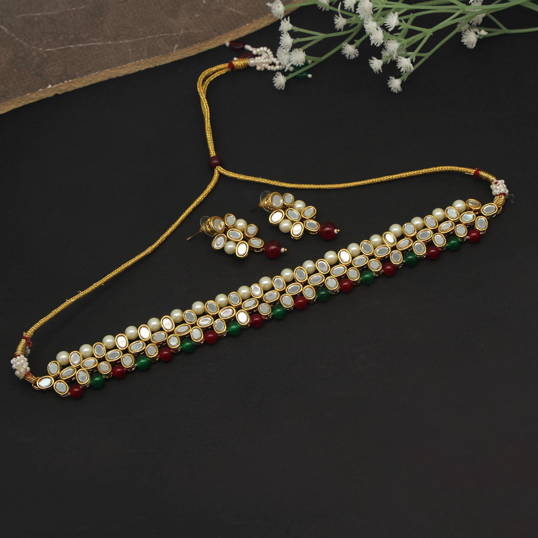 Maroon & Green Color Choker Kundan Mirror Necklaces Set (MRN111MG)
