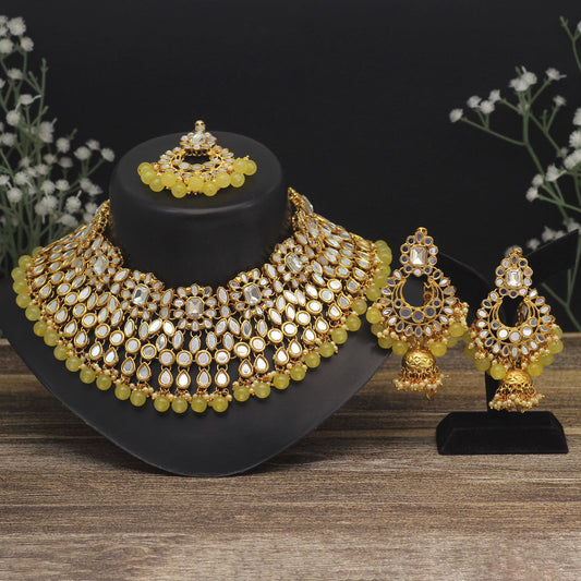 Lemon Yellow Color Kundan Mirror Necklaces Set (MRN113LYLW)