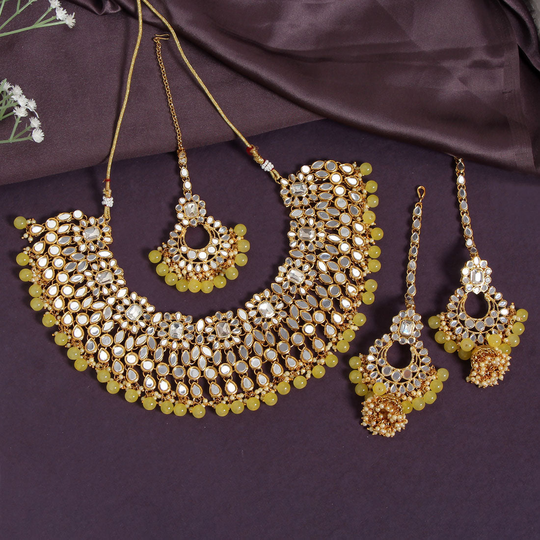 Lemon Yellow Color Kundan Mirror Necklaces Set (MRN113LYLW)