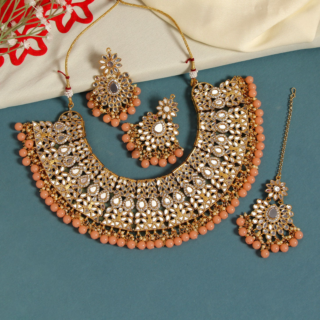 Peach Color Kundan Mirror Necklaces Set (MRN115PCH)
