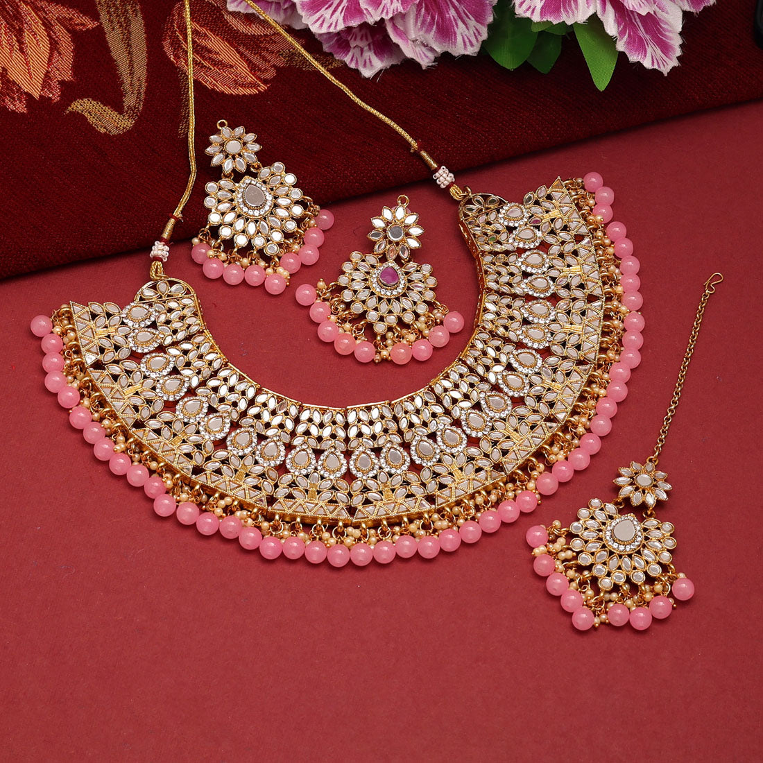 Pink Color Kundan Mirror Necklaces Set (MRN115PNK)