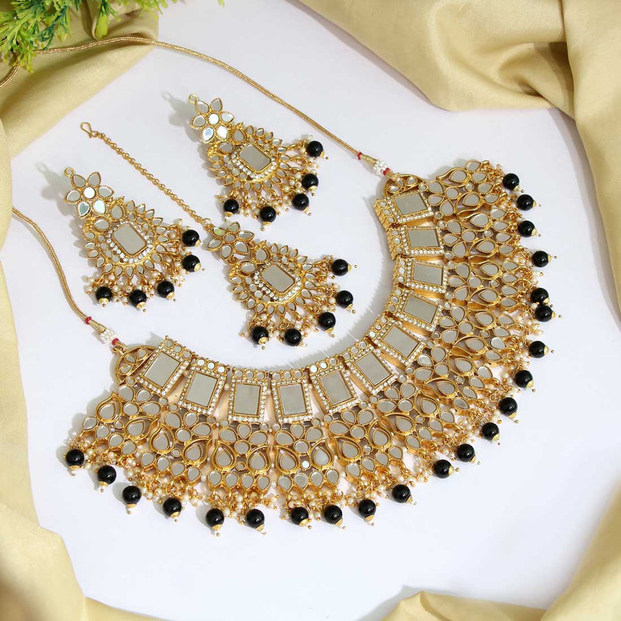 Black Color Kundan Mirror Necklaces Set (MRN116BLK)