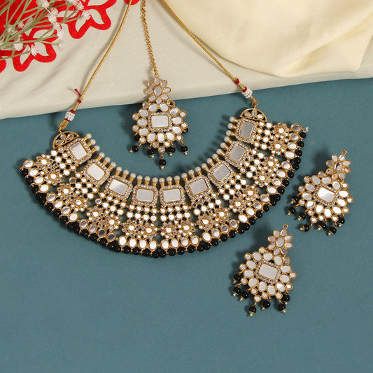 Black Color Kundan Mirror Necklaces Set (MRN117BLK)
