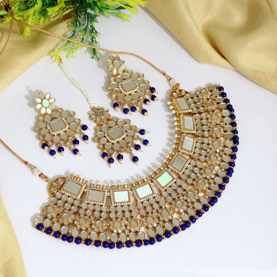 Blue Color Kundan Mirror Necklaces Set (MRN117BLU)