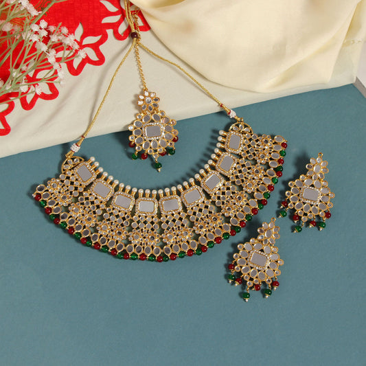 Maroon & Green Color Kundan Mirror Necklaces Set (MRN117MG)