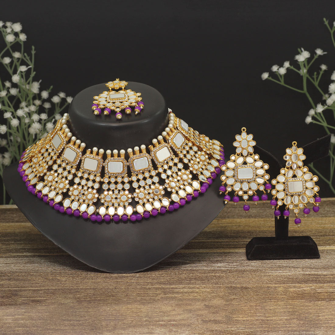 Purple Color Kundan Mirror Necklaces Set (MRN117PRP)
