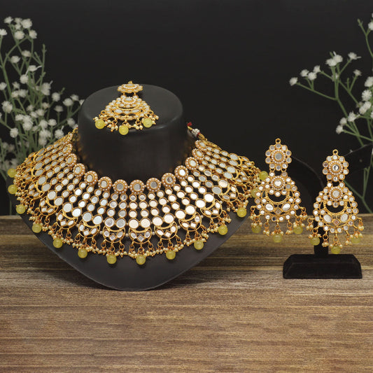 Lemon Yellow Color Kundan Mirror Necklaces Set (MRN118LYLW)