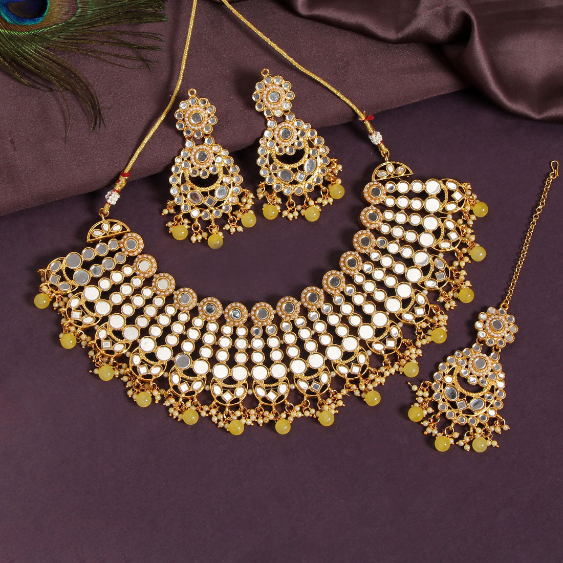 Lemon Yellow Color Kundan Mirror Necklaces Set (MRN118LYLW)