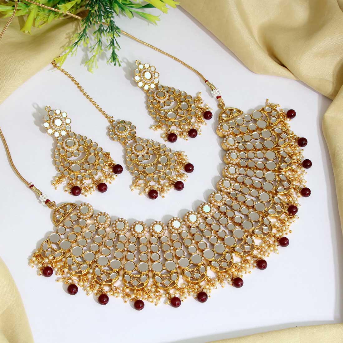 Maroon Color Kundan Mirror Necklaces Set (MRN118MRN)