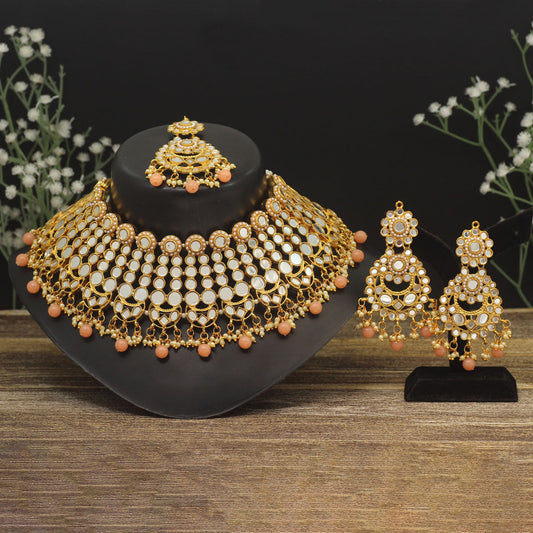 Peach Color Kundan Mirror Necklaces Set (MRN118PCH)