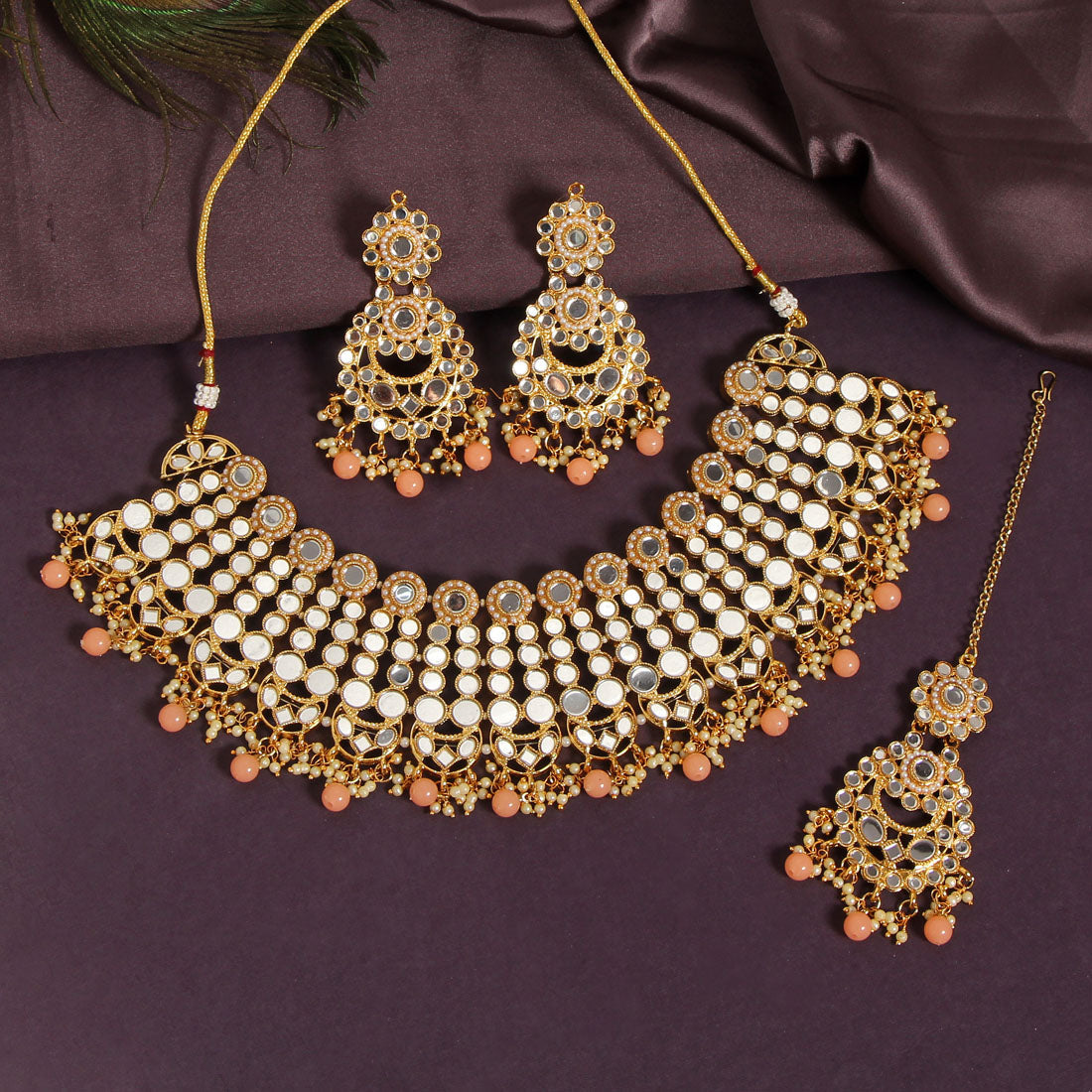 Peach Color Kundan Mirror Necklaces Set (MRN118PCH)