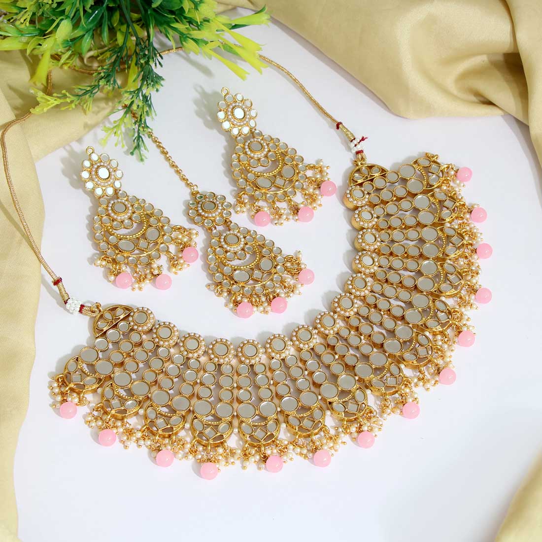 Pink Color Kundan Mirror Necklaces Set (MRN118PNK)