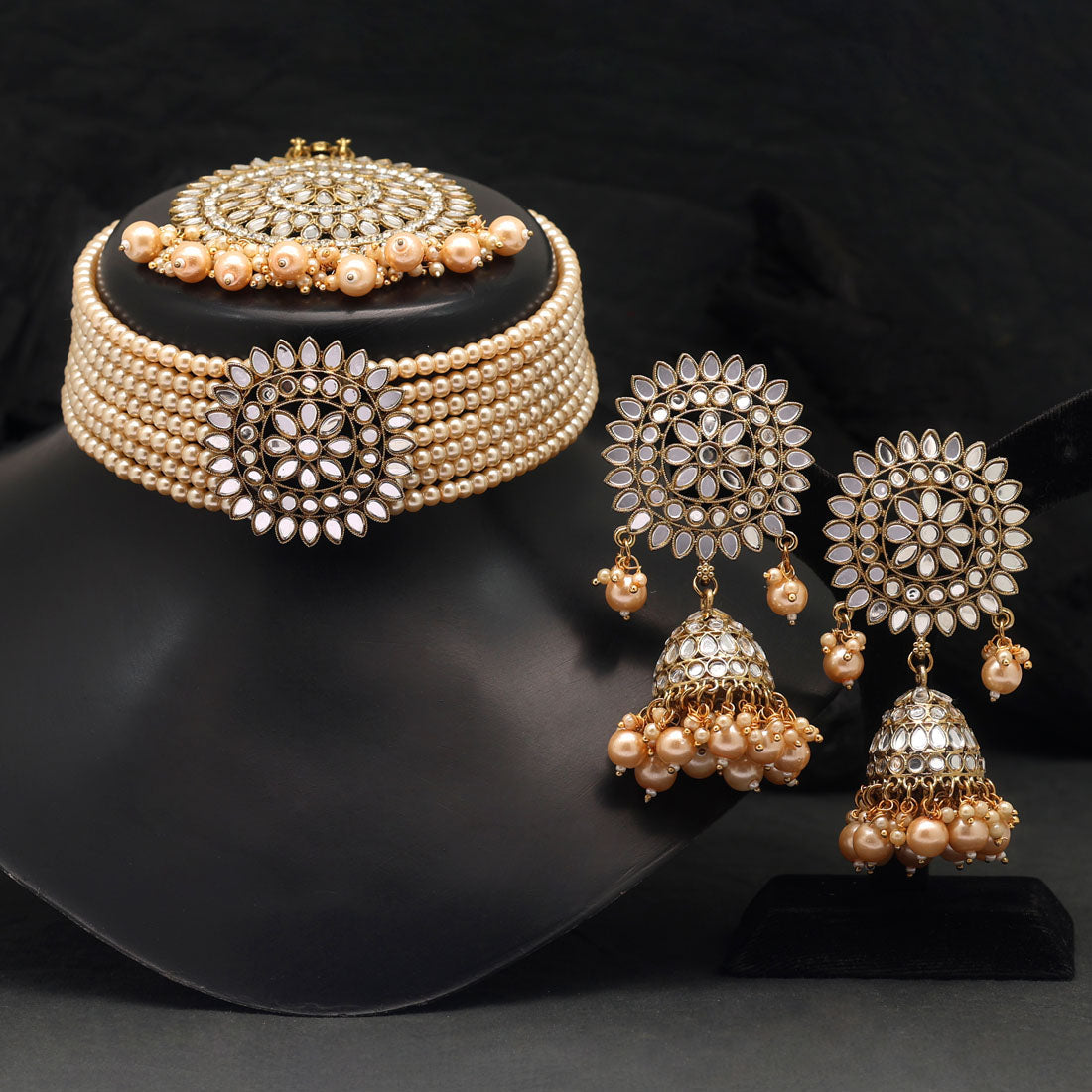 Gold Color Kundan Mirror Choker Necklaces Set (MRN145GLD)