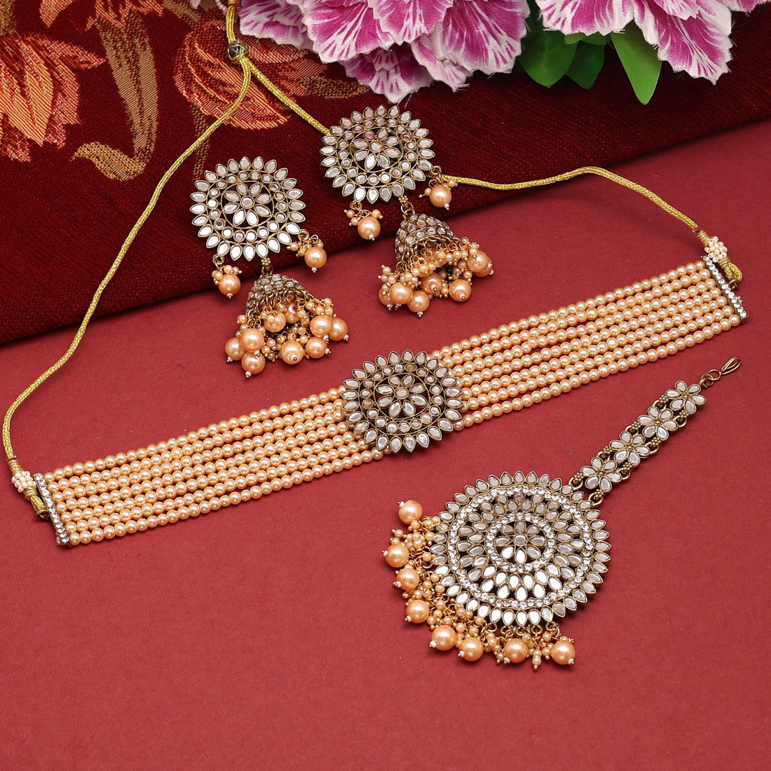 Gold Color Kundan Mirror Choker Necklaces Set (MRN145GLD)