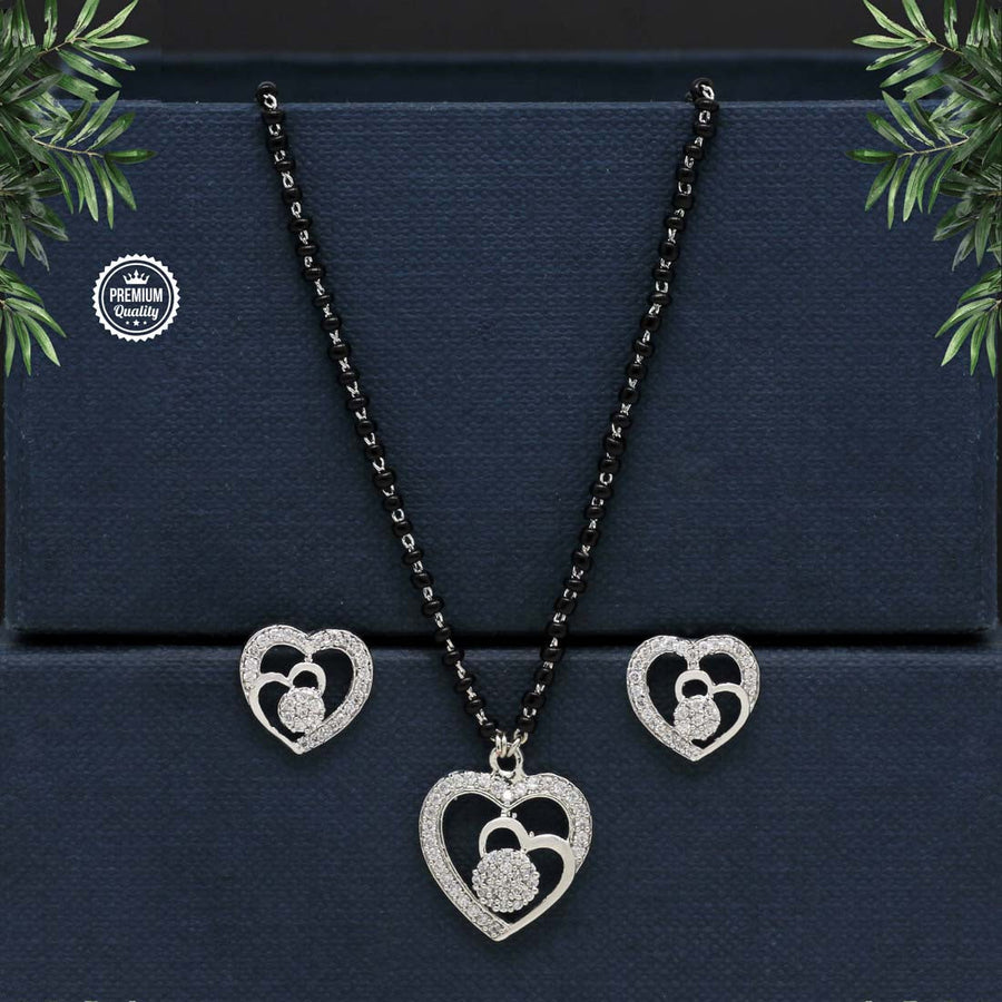 Silver Color American Diamond Heart Shape Mangalsutra With Earrings (MS243SLV)