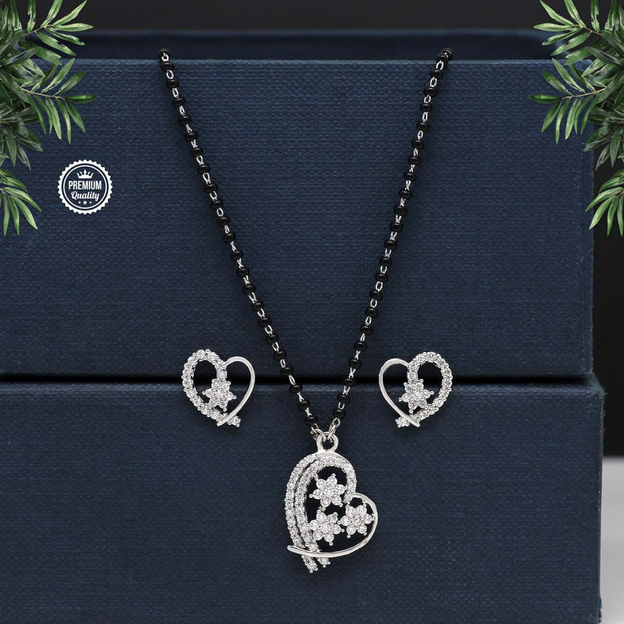 Silver Color American Diamond Heart Shape Mangalsutra With Earrings (MS247SLV)