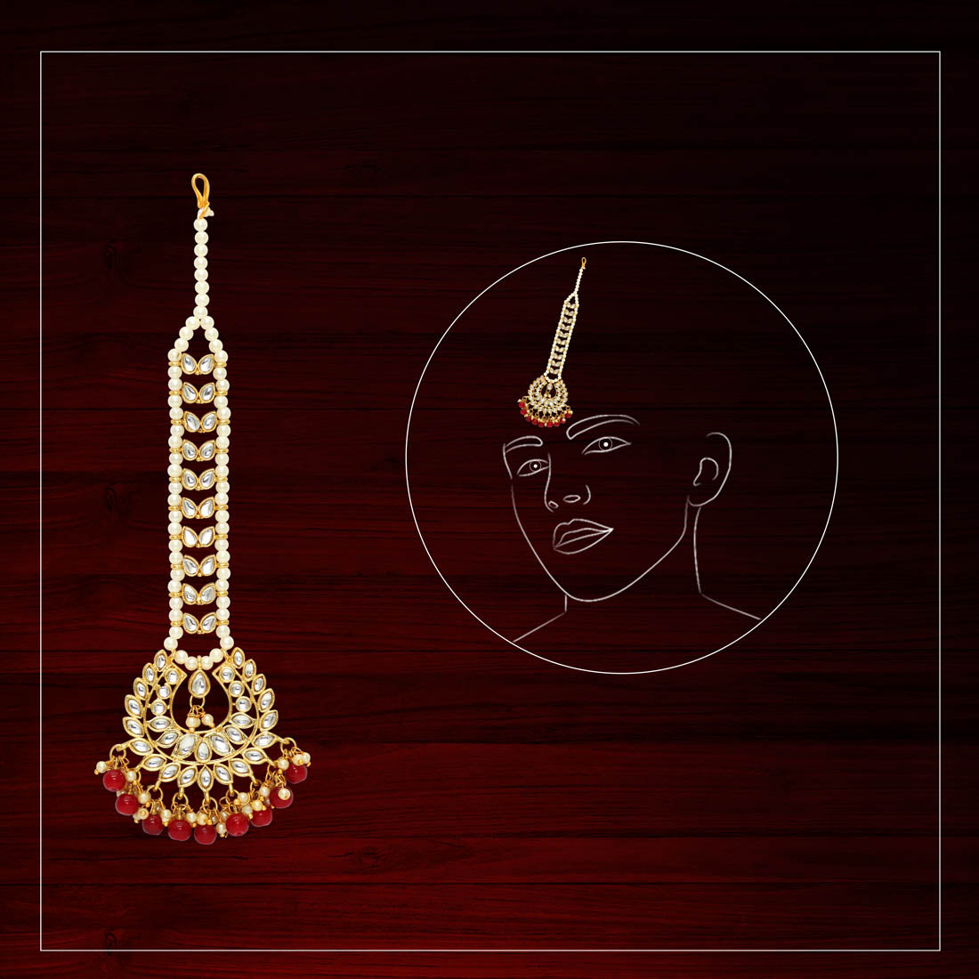 Maroon Color Imitation Pearl & Kundan Maang Tikka (MTK222MRN)