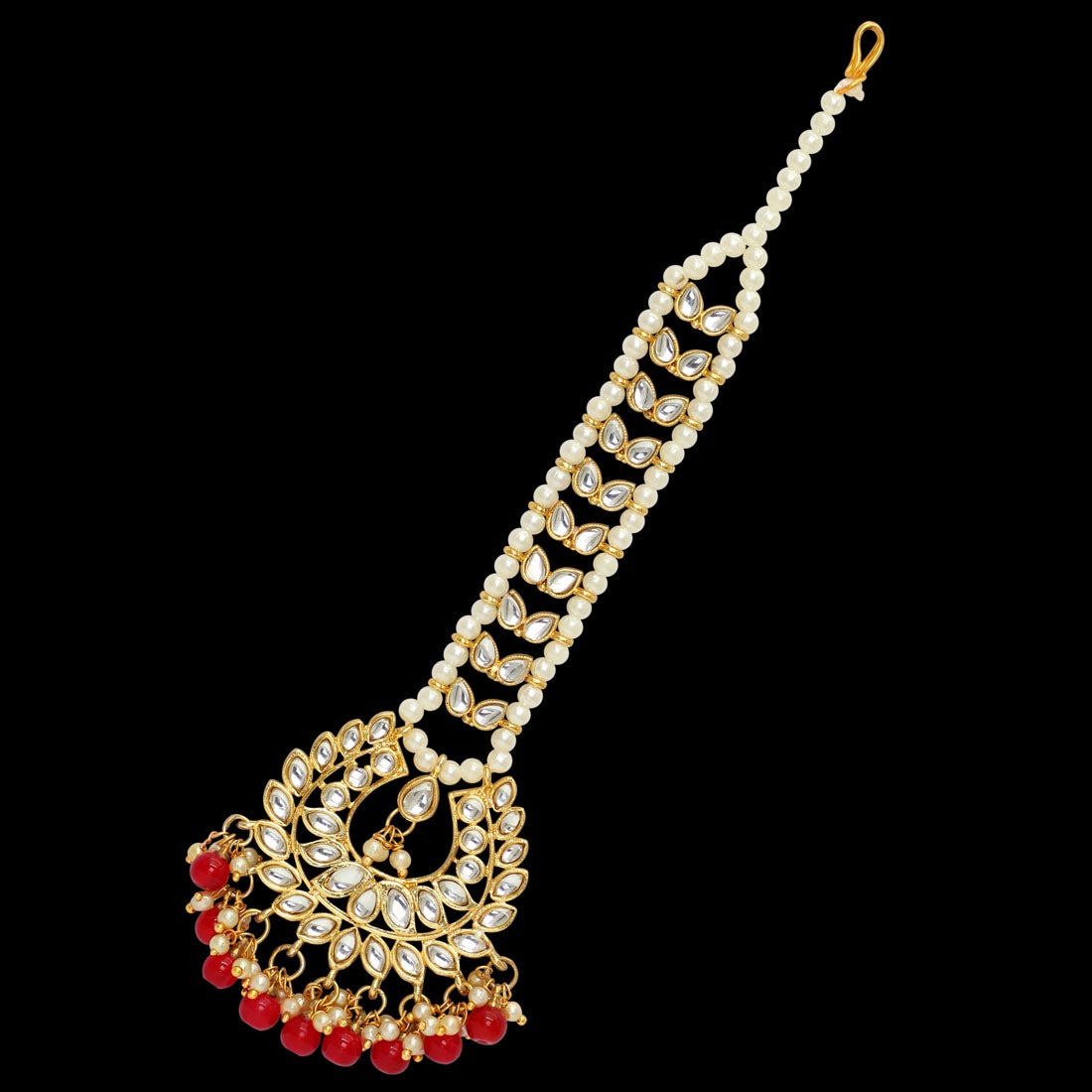 Red Color Imitation Pearl & Kundan Maang Tikka (MTK222RED)