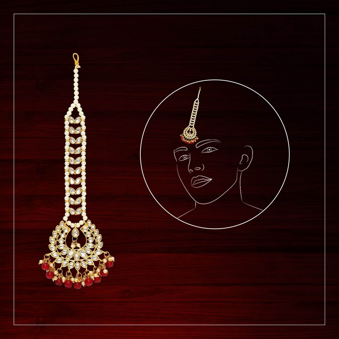 Red Color Imitation Pearl & Kundan Maang Tikka (MTK222RED)