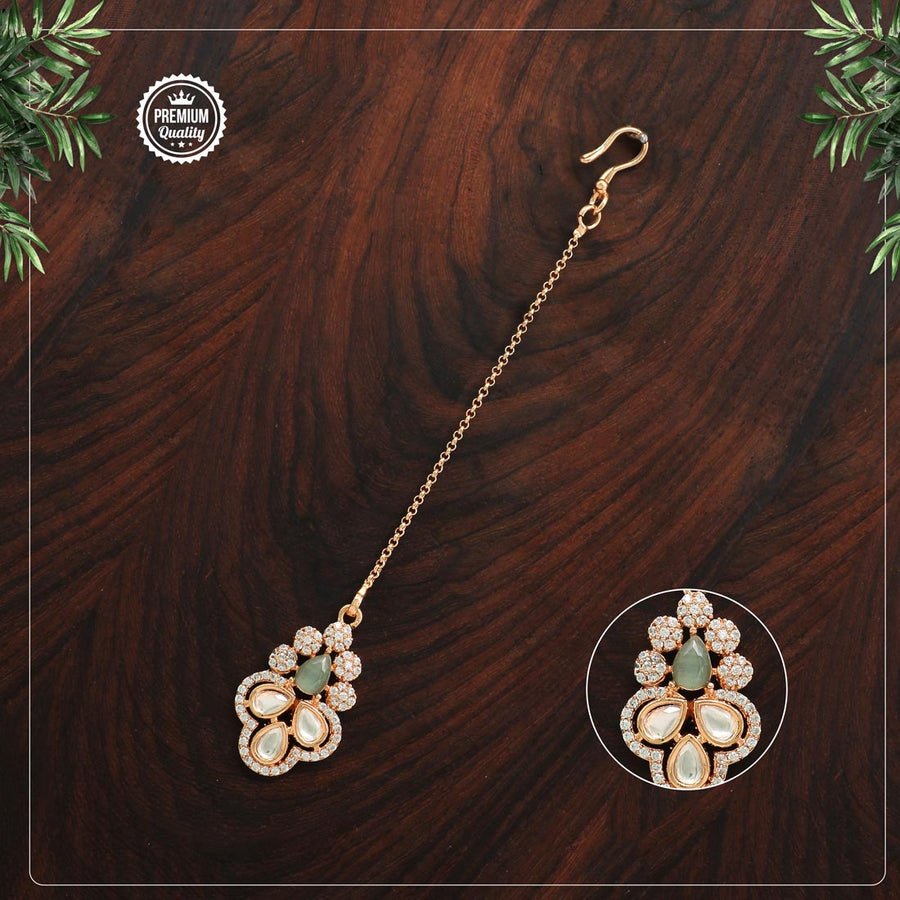 Pista Green Color Rose Gold American Diamond Maang Tikka (MTK452PGRN)