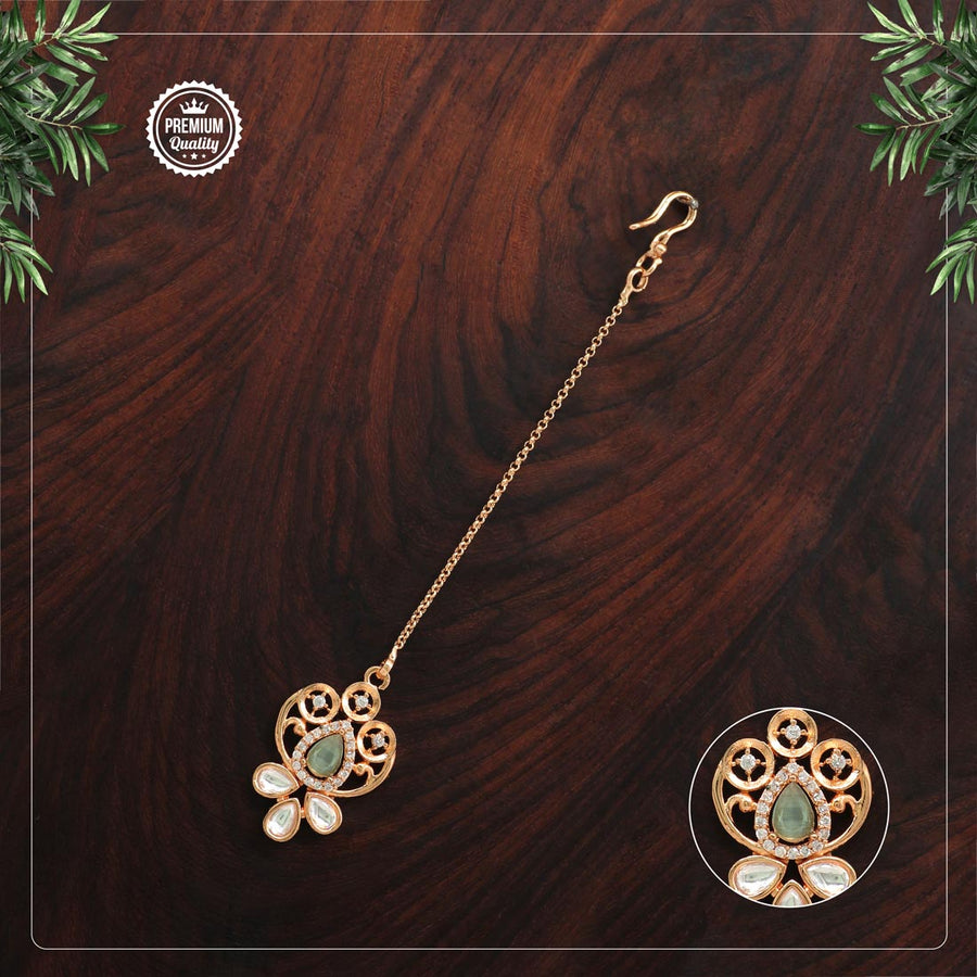 Pista Green Color Rose Gold American Diamond Maang Tikka (MTK460PGRN)