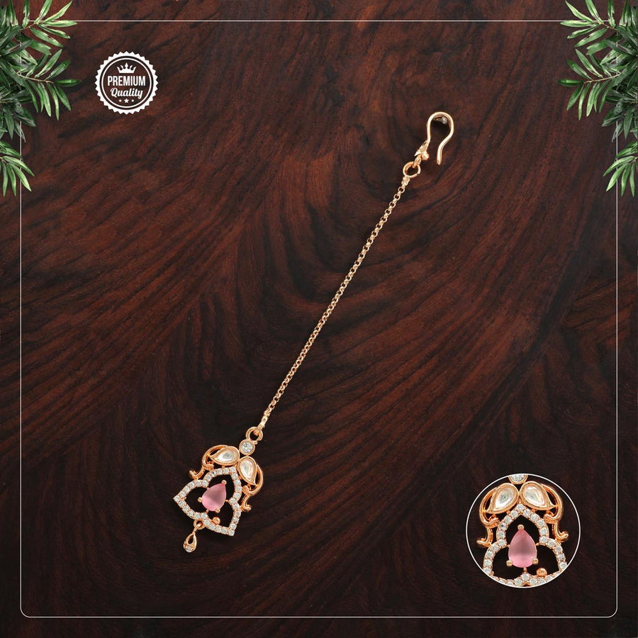 Pink Color Rose Gold American Diamond Maang Tikka (MTK461PNK)