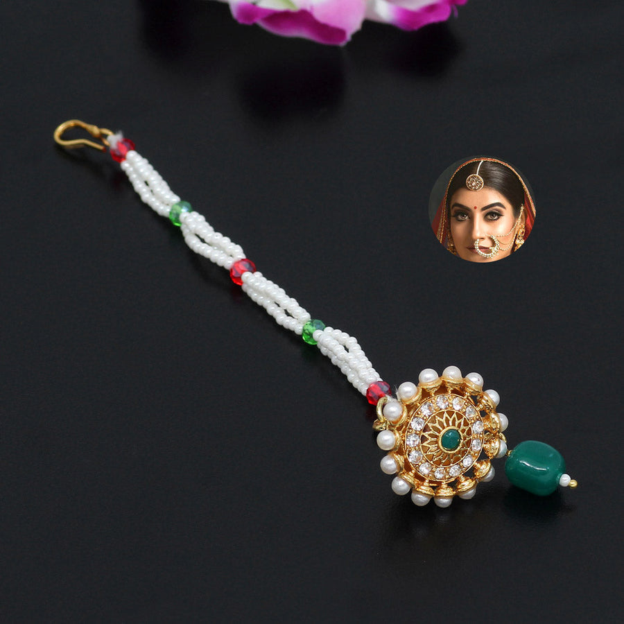 Green Color Glass Stone Borla Tikka (MTK470GRN)