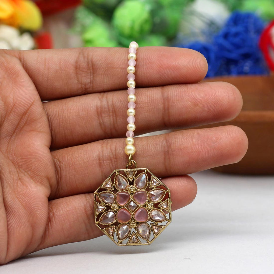 Pink Color Antique American Diamond Maang Tikka (MTK476PNK)