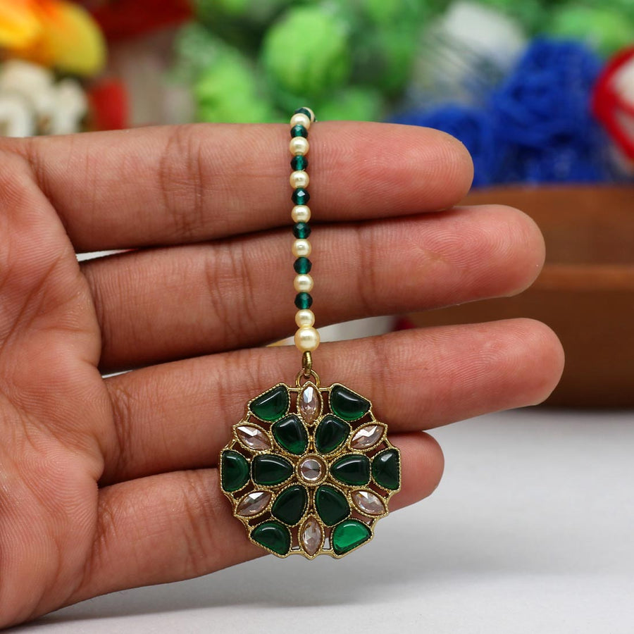 Green Color Antique American Diamond Maang Tikka (MTK477GRN)