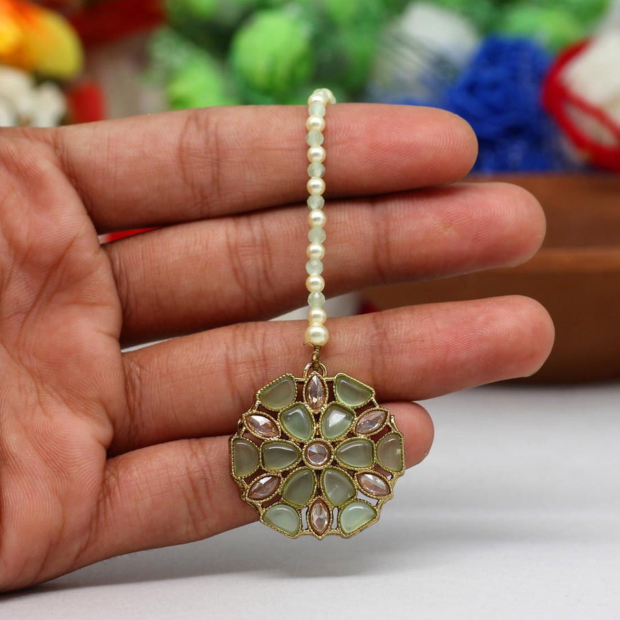 Pista Green Color Antique American Diamond Maang Tikka (MTK477PGRN)