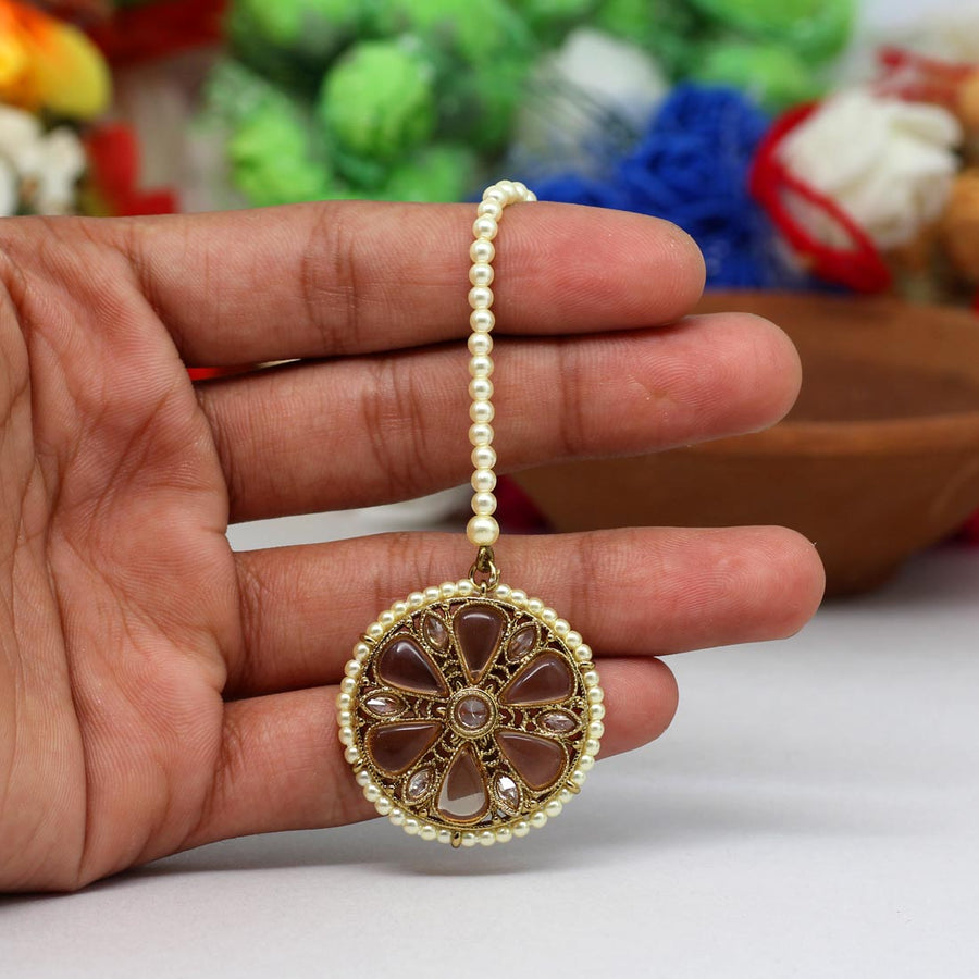 Gold Color Antique American Diamond Maang Tikka (MTK478GLD)