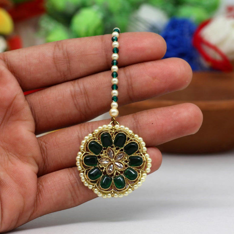 Green Color Antique American Diamond Maang Tikka (MTK480GRN)