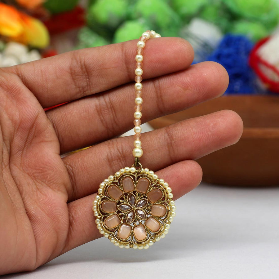 Peach Color Antique American Diamond Maang Tikka (MTK480PCH)
