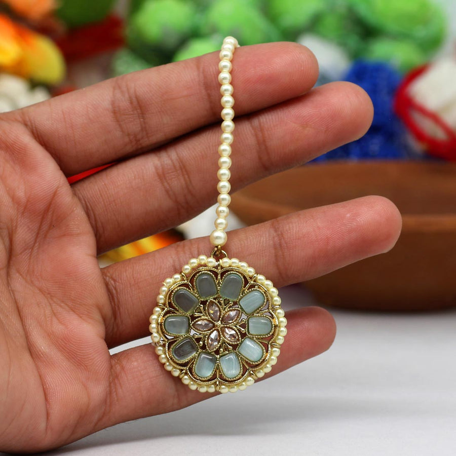 Rama Green Color Antique American Diamond Maang Tikka (MTK480RGRN)