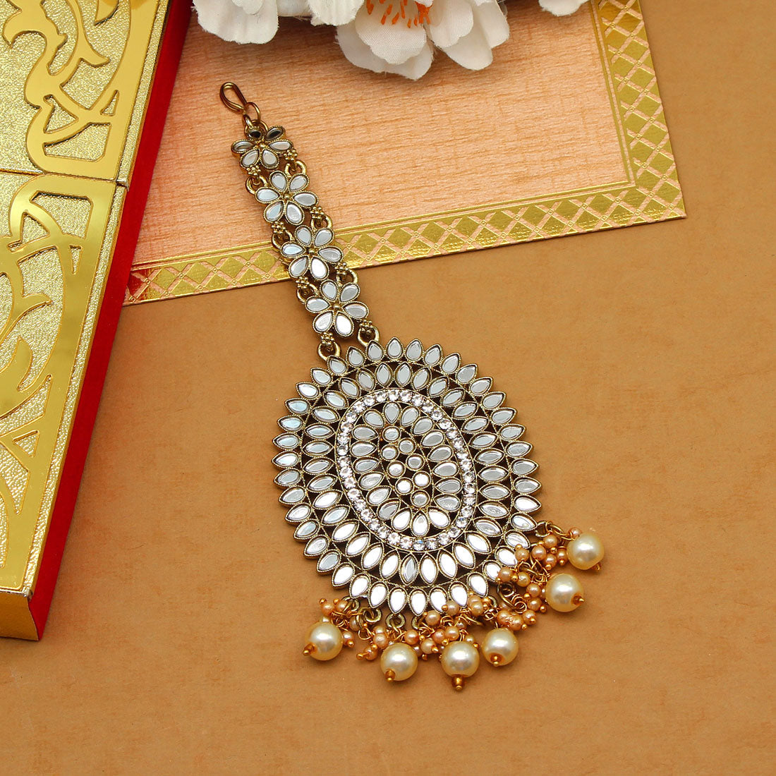 Gold Color Mirror Work Maang Tikka (MTK539GLD)