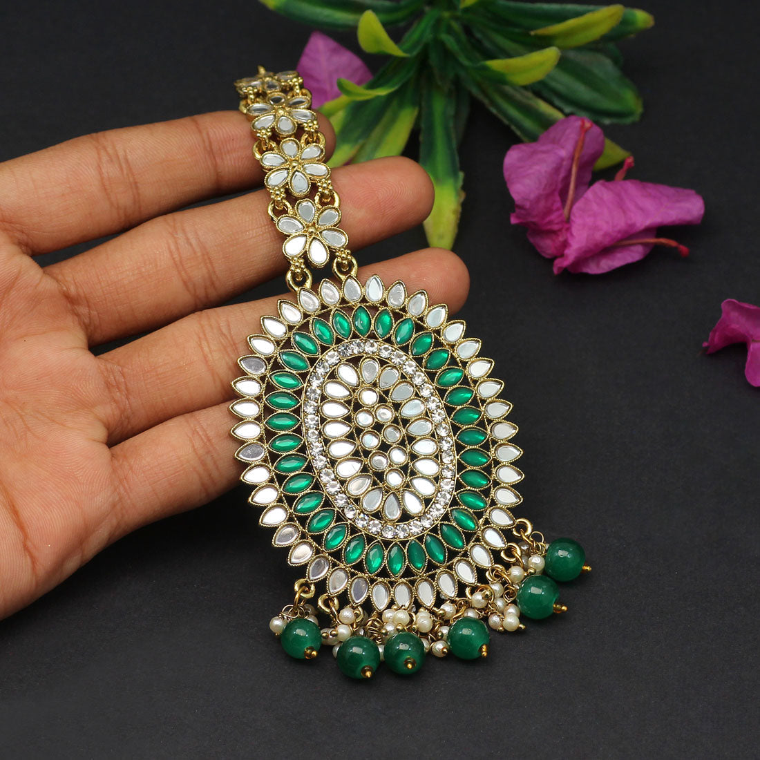 Green Color Mirror Work Maang Tikka (MTK539GRN)