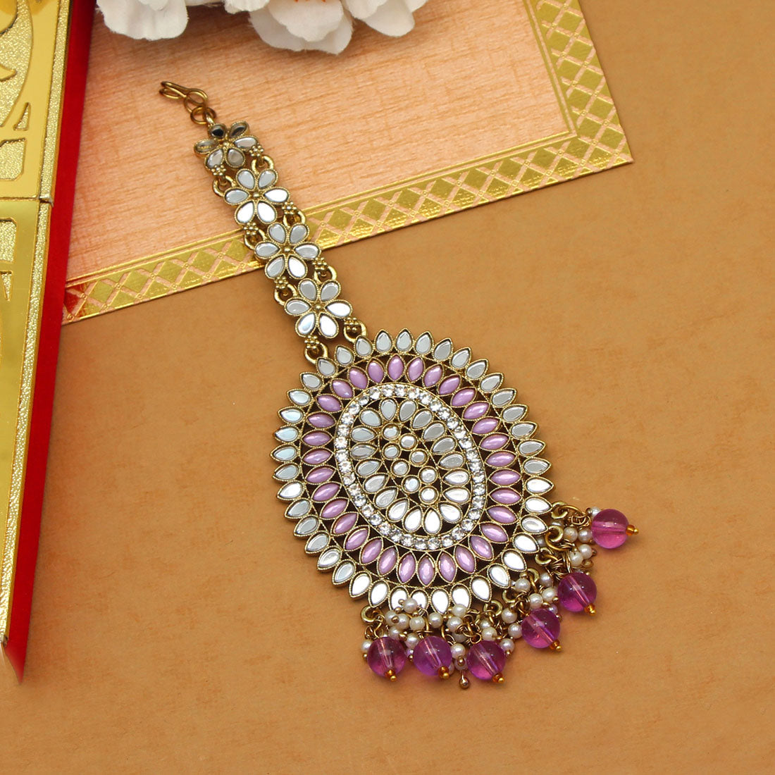 Purple Color Mirror Work Maang Tikka (MTK539PRP)