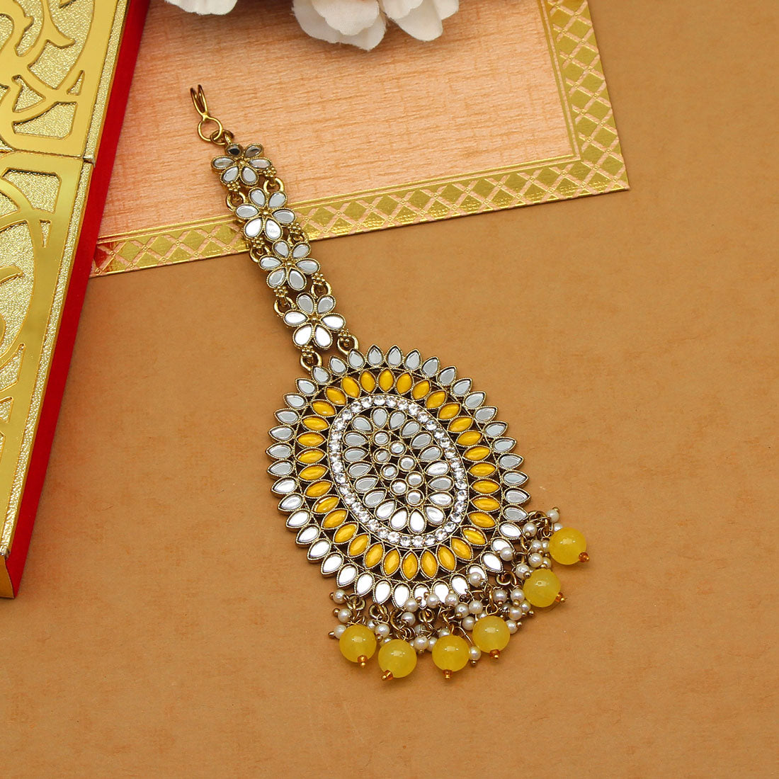Yellow Color Mirror Work Maang Tikka (MTK539YLW)