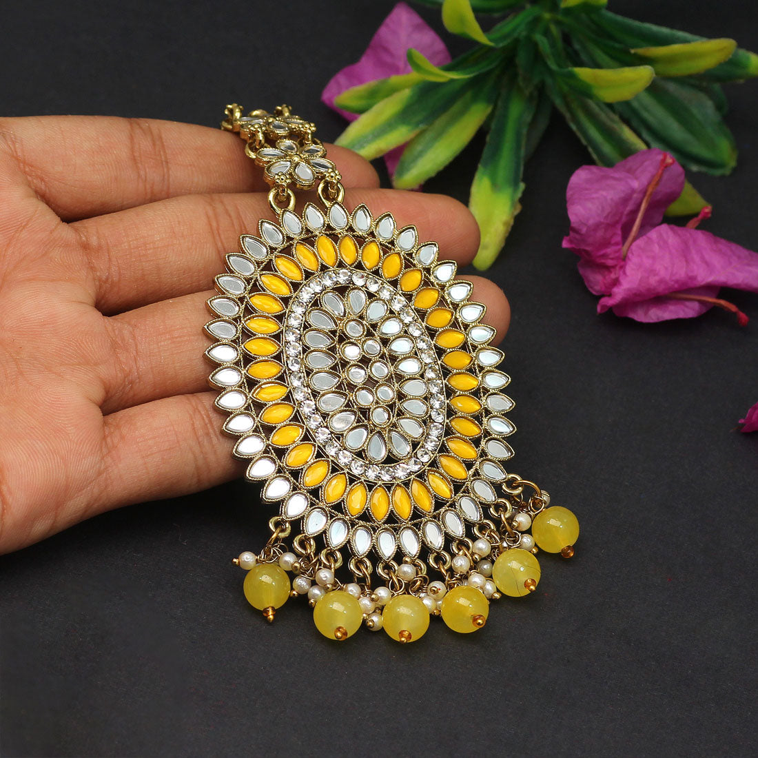 Yellow Color Mirror Work Maang Tikka (MTK539YLW)