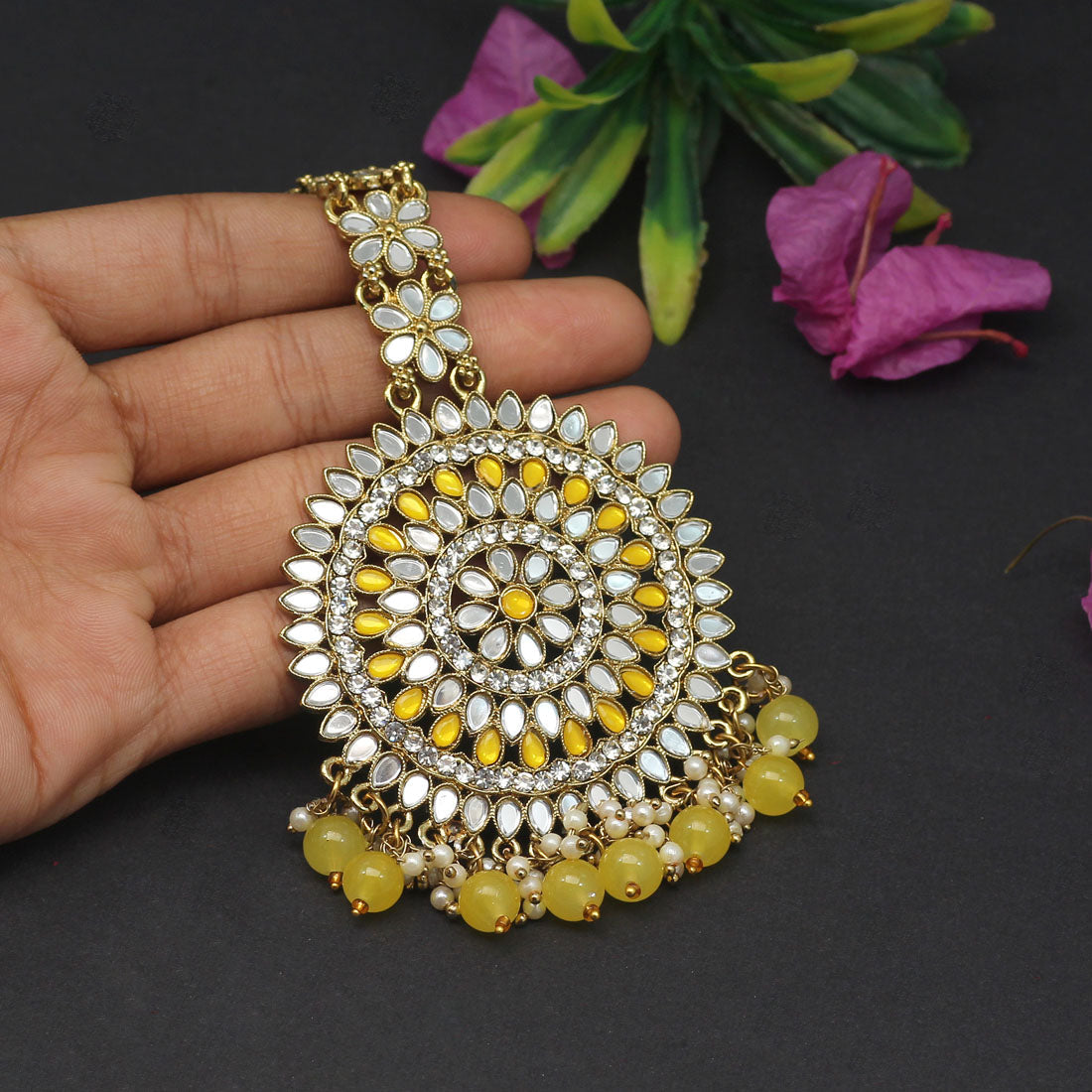 Yellow Color Mirror Work Maang Tikka (MTK540YLW)
