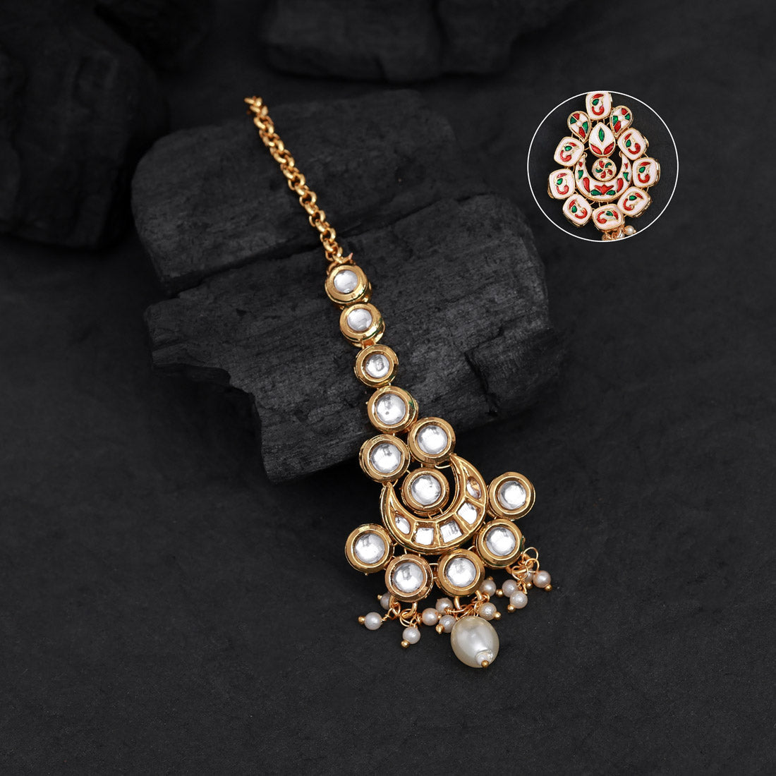 White Color Meena Work Kundan Maang Tikka (MTK552WHT)