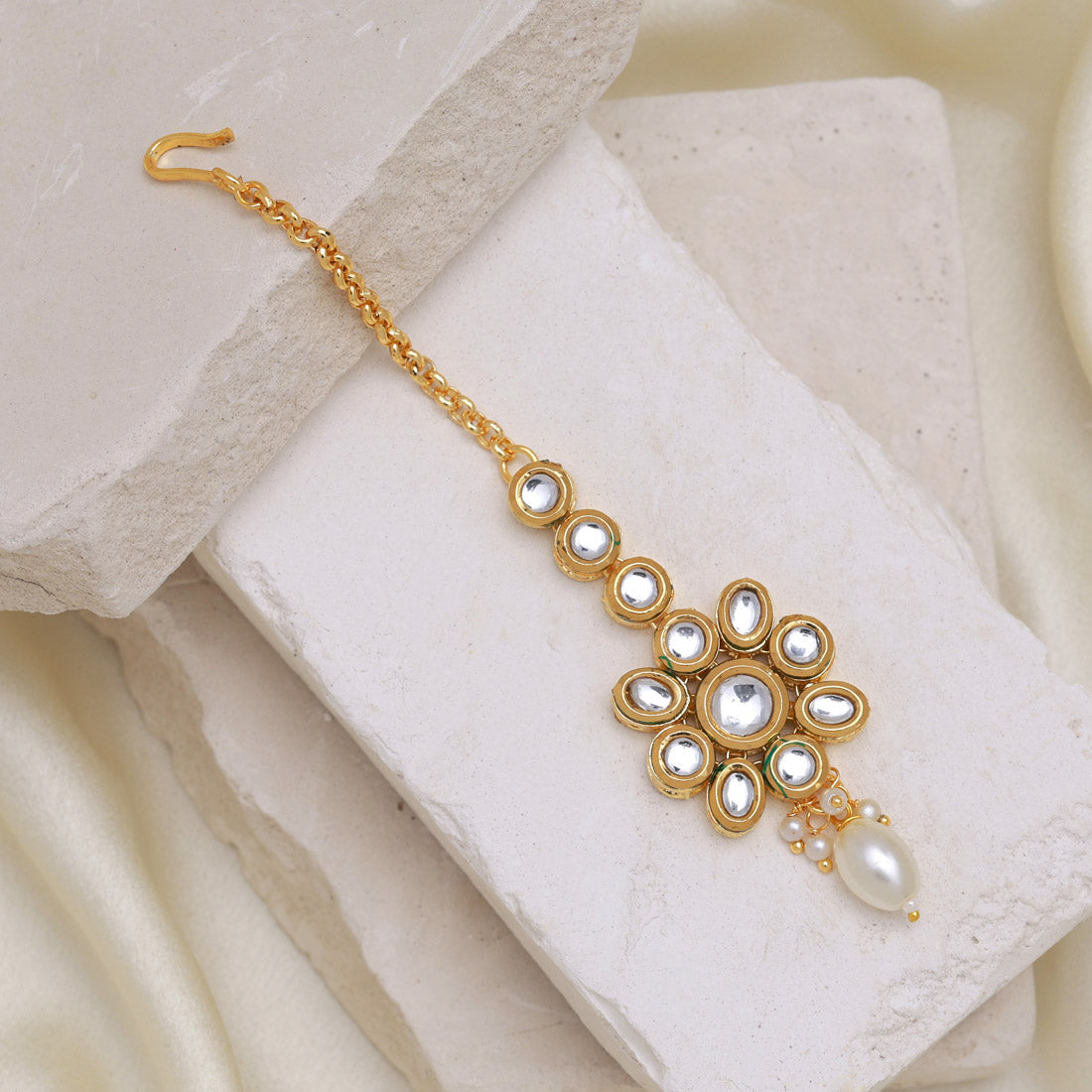 White Color Meena Work Kundan Maang Tikka (MTK553WHT)