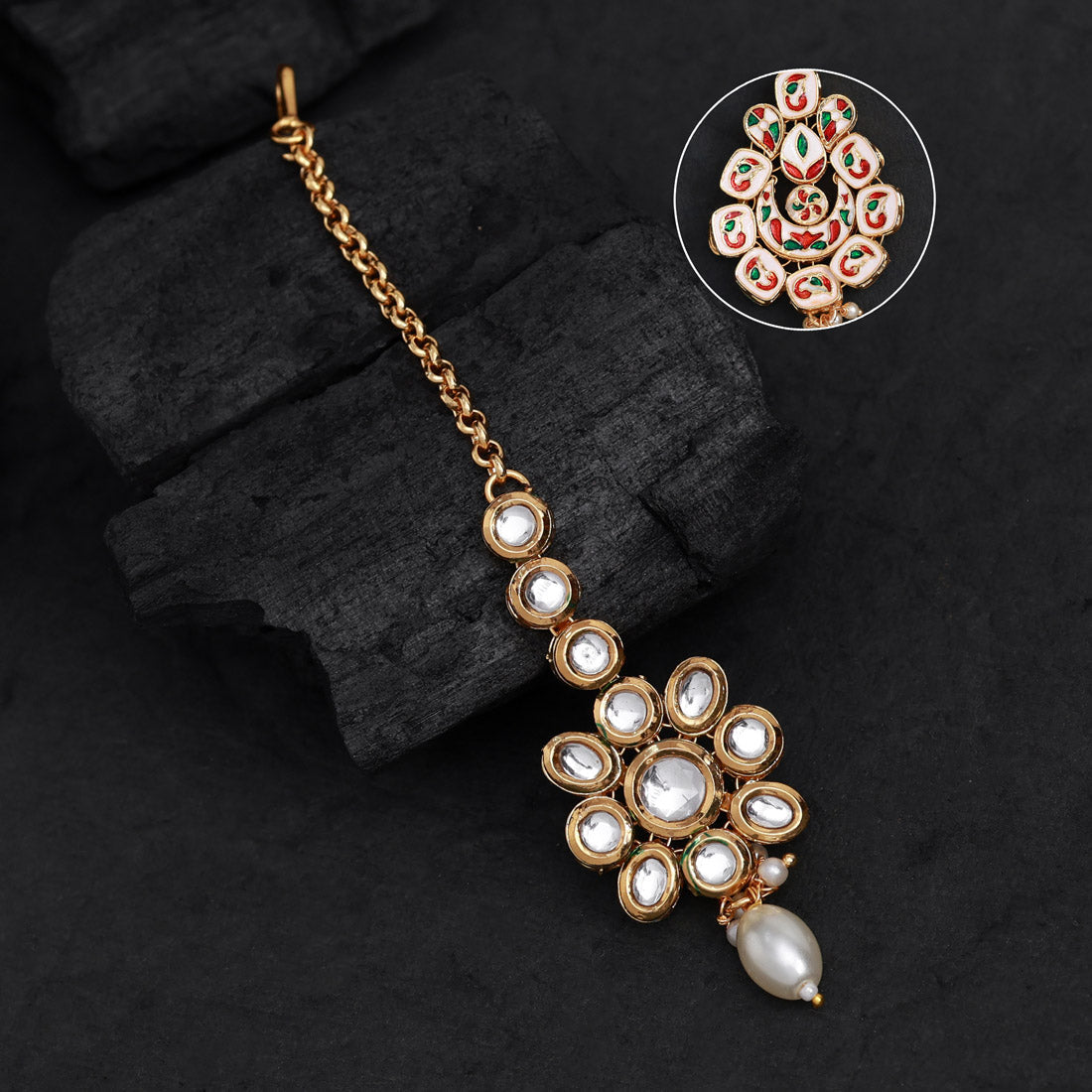 White Color Meena Work Kundan Maang Tikka (MTK553WHT)